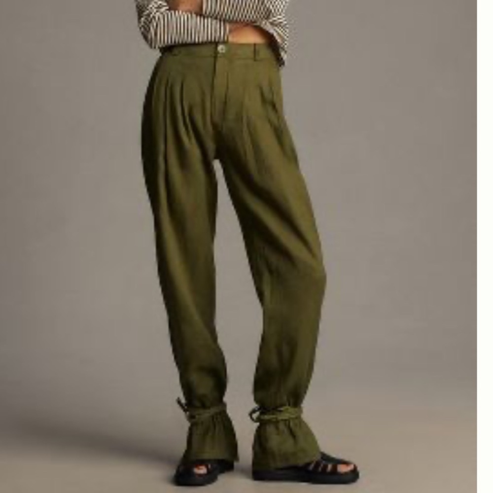 ANTHROPOLOGIE Ankle Tie Linen Trousers Dark Green Size 12 NEW